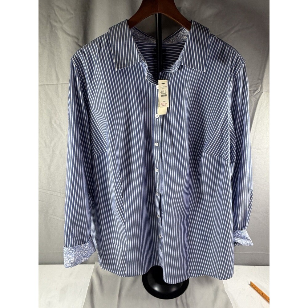 New Talbots Button Down Shirt Womens 20w Blue White Wrinkle Resistant Striped